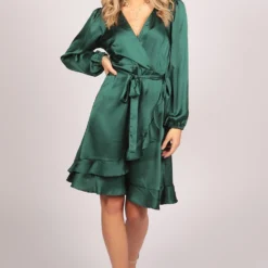Full Sleeve Plain Wrap Midi Dress In Green -Cheap My Dreamy Dress Store tenki full sleeve plain wrap midi dress in green p16290 131914 image