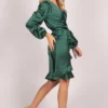 Full Sleeve Plain Wrap Midi Dress In Green