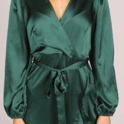 Full Sleeve Plain Wrap Midi Dress In Green -Cheap My Dreamy Dress Store tenki full sleeve plain wrap midi dress in green p16290 131917 image