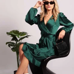 Full Sleeve Plain Wrap Midi Dress In Green -Cheap My Dreamy Dress Store tenki full sleeve plain wrap midi dress in green p16290 132031 image