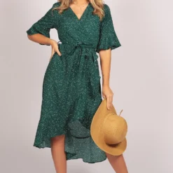 Half Sleeve Polka Dot Wrap Midi Dress Green