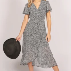 Ruffle Sleeve Floral Wrap Midi Dress Black -Cheap My Dreamy Dress Store tenki ruffle sleeve floral wrap midi dress black p16291 131922 image