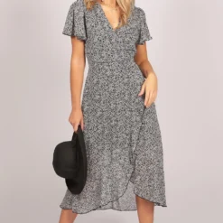 Ruffle Sleeve Floral Wrap Midi Dress Black -Cheap My Dreamy Dress Store tenki ruffle sleeve floral wrap midi dress black p16291 131924 image