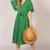 Ruffle Sleeve Plain Wrap Midi Dress Green