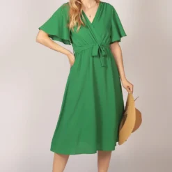 Ruffle Sleeve Plain Wrap Midi Dress Green -Cheap My Dreamy Dress Store tenki ruffle sleeve plain wrap midi dress green p13713 118818 image