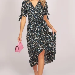 Short Sleeve Floral Wrap Maxi Dress In Blue