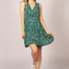 Sleeveless Floral Wrap Skater Dress Green