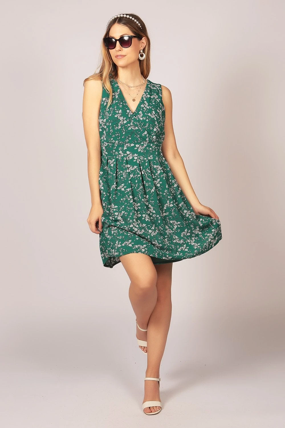 Sleeveless Floral Wrap Skater Dress Green 1 Sleeveless Floral Wrap Skater Dress Green