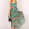 Strappy Floral Ruffle Pleat Maxi Dress Green