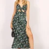 Strappy Tie Front Floral Slit Dress In Green