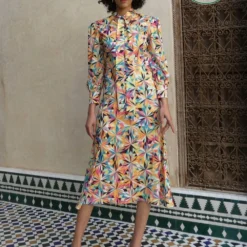 Thea Multi Print Midi Dress With Tie Neck Detail