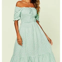 Tie Back Bardot Frill Trim Midi Dress