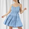 Tiered Strappy Chambray Denim Dress