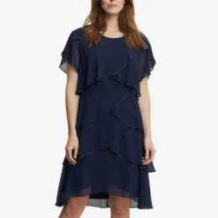Trysta Bugle Beaded Trim Tiered Cocktail Dress With Flitter Sleeves