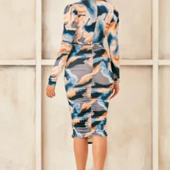 V Neck Drape Midi Dress In Blue Print -Cheap My Dreamy Dress Store v neck drape midi dress in blue print p16425 132582 image