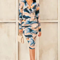 V Neck Drape Midi Dress In Blue Print -Cheap My Dreamy Dress Store v neck drape midi dress in blue print p16425 132585 image