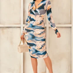 V Neck Drape Midi Dress In Blue Print -Cheap My Dreamy Dress Store v neck drape midi dress in blue print p16425 132587 image