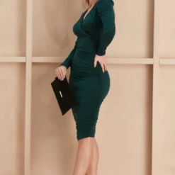 V Neck Drape Midi Dress In Emerald Green -Cheap My Dreamy Dress Store v neck drape midi dress in emerald green p16433 132641 image