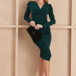 V Neck Drape Midi Dress In Emerald Green -Cheap My Dreamy Dress Store v neck drape midi dress in emerald green p16433 132642 image