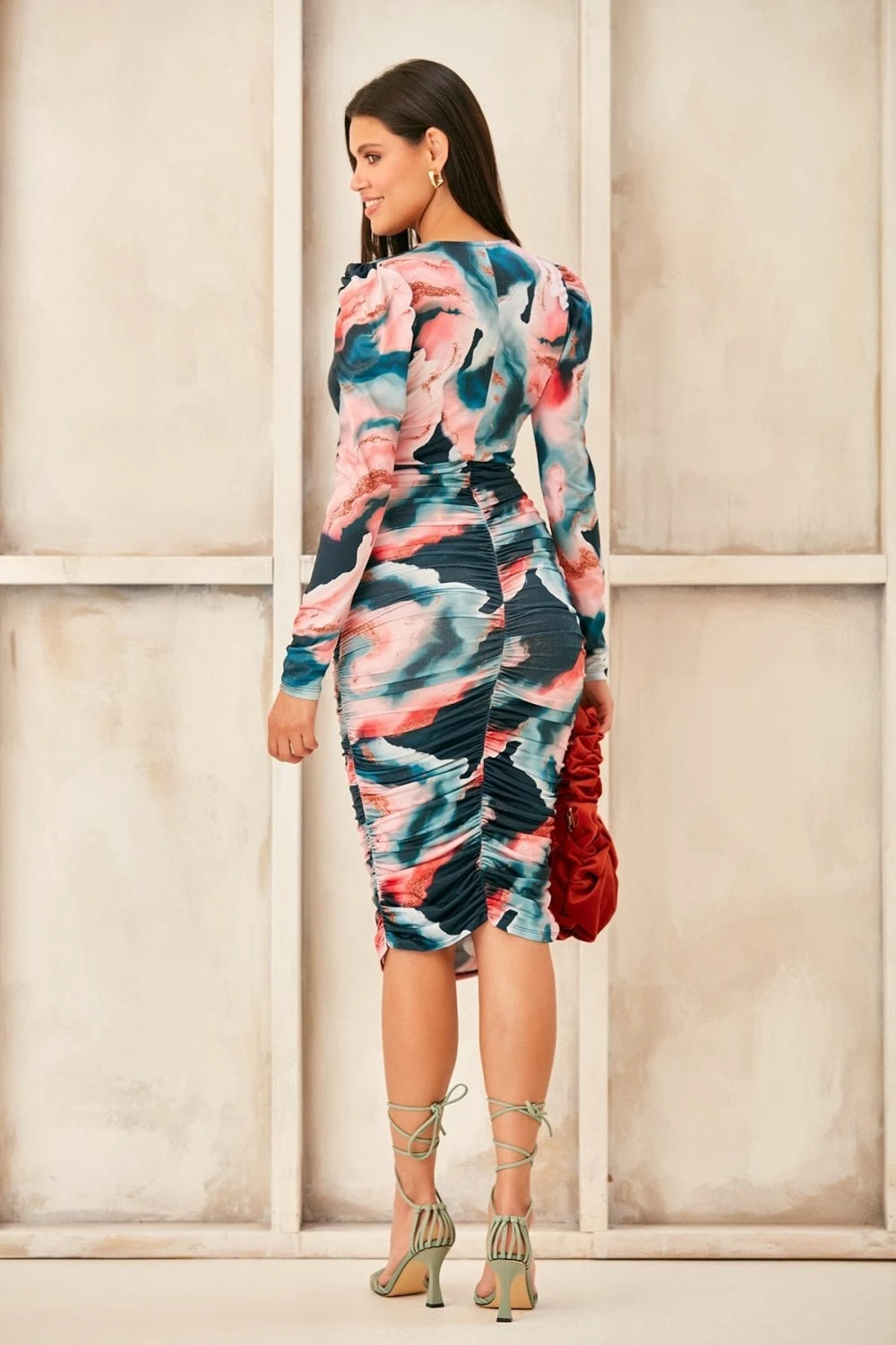 V Neck Drape Midi Dress In Green Print 8 V Neck Drape Midi Dress In Green Print - Image 8