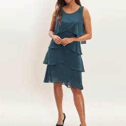 Vesta Jewel-Shoulder Tiered Cocktail Dress