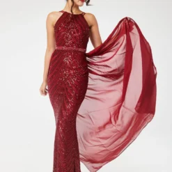 Wine Halterneck Sequin Maxi Dress With Detachable Skirt -Cheap My Dreamy Dress Store wine halterneck sequin maxi dress with detachable skirt p18738 142641 image