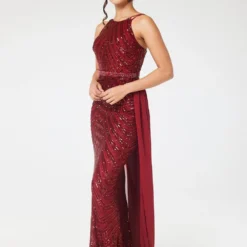 Wine Halterneck Sequin Maxi Dress With Detachable Skirt -Cheap My Dreamy Dress Store wine halterneck sequin maxi dress with detachable skirt p18738 142643 image