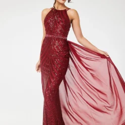 Wine Halterneck Sequin Maxi Dress With Detachable Skirt -Cheap My Dreamy Dress Store wine halterneck sequin maxi dress with detachable skirt p18738 142644 image