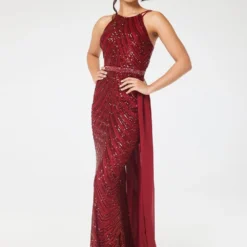 Wine Halterneck Sequin Maxi Dress With Detachable Skirt -Cheap My Dreamy Dress Store wine halterneck sequin maxi dress with detachable skirt p18738 142645 image