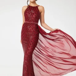 Wine Halterneck Sequin Maxi Dress With Detachable Skirt -Cheap My Dreamy Dress Store wine halterneck sequin maxi dress with detachable skirt p18738 142646 image
