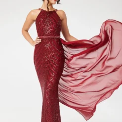 Wine Halterneck Sequin Maxi Dress With Detachable Skirt -Cheap My Dreamy Dress Store wine halterneck sequin maxi dress with detachable skirt p18738 142647 image