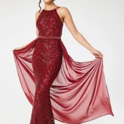 Wine Halterneck Sequin Maxi Dress With Detachable Skirt -Cheap My Dreamy Dress Store wine halterneck sequin maxi dress with detachable skirt p18738 142648 image