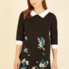 Yumi Bird And Floral Embroidered Knitted Peter Pan Dress