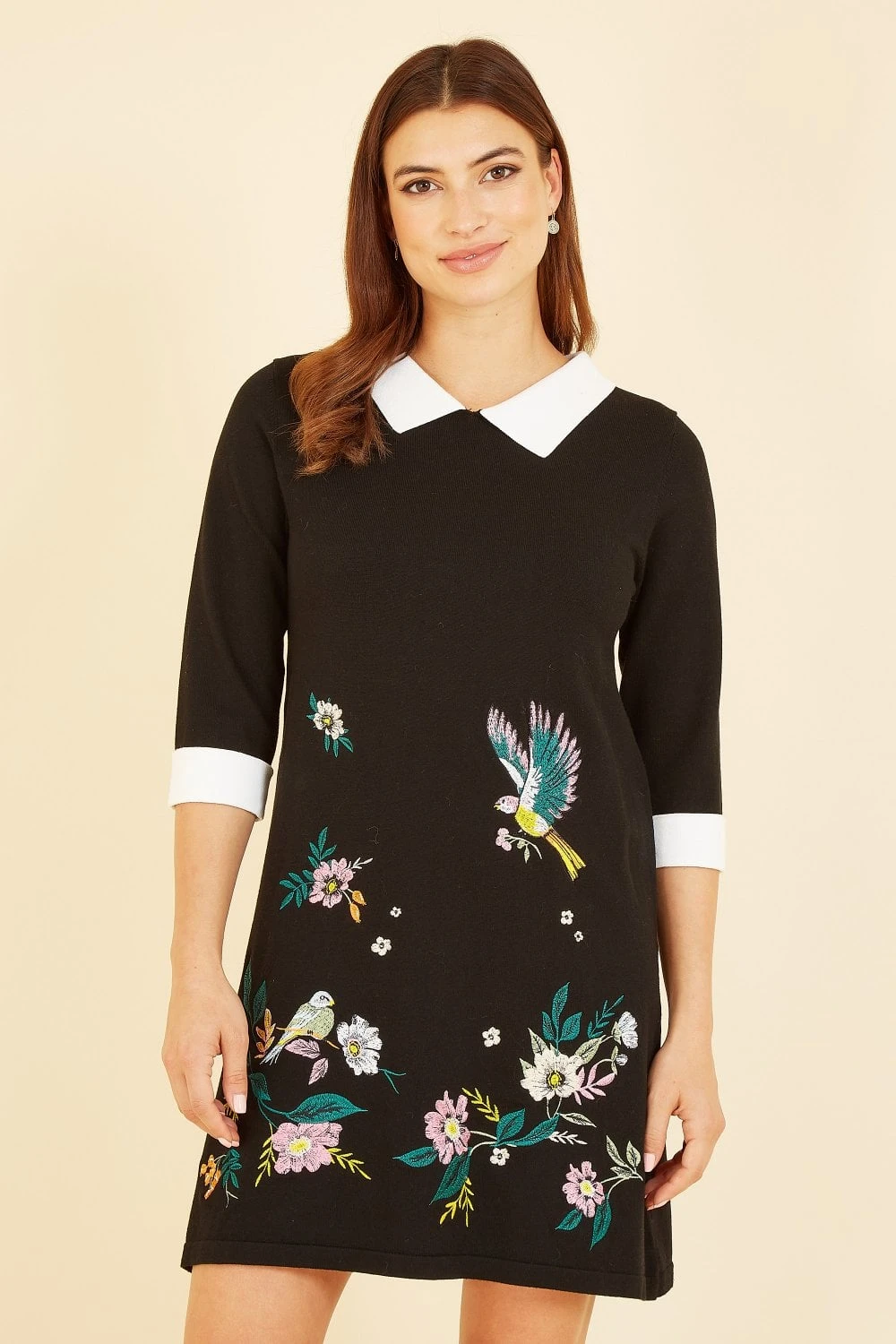 Yumi Bird And Floral Embroidered Knitted Peter Pan Dress 4 Yumi Bird And Floral Embroidered Knitted Peter Pan Dress - Image 4