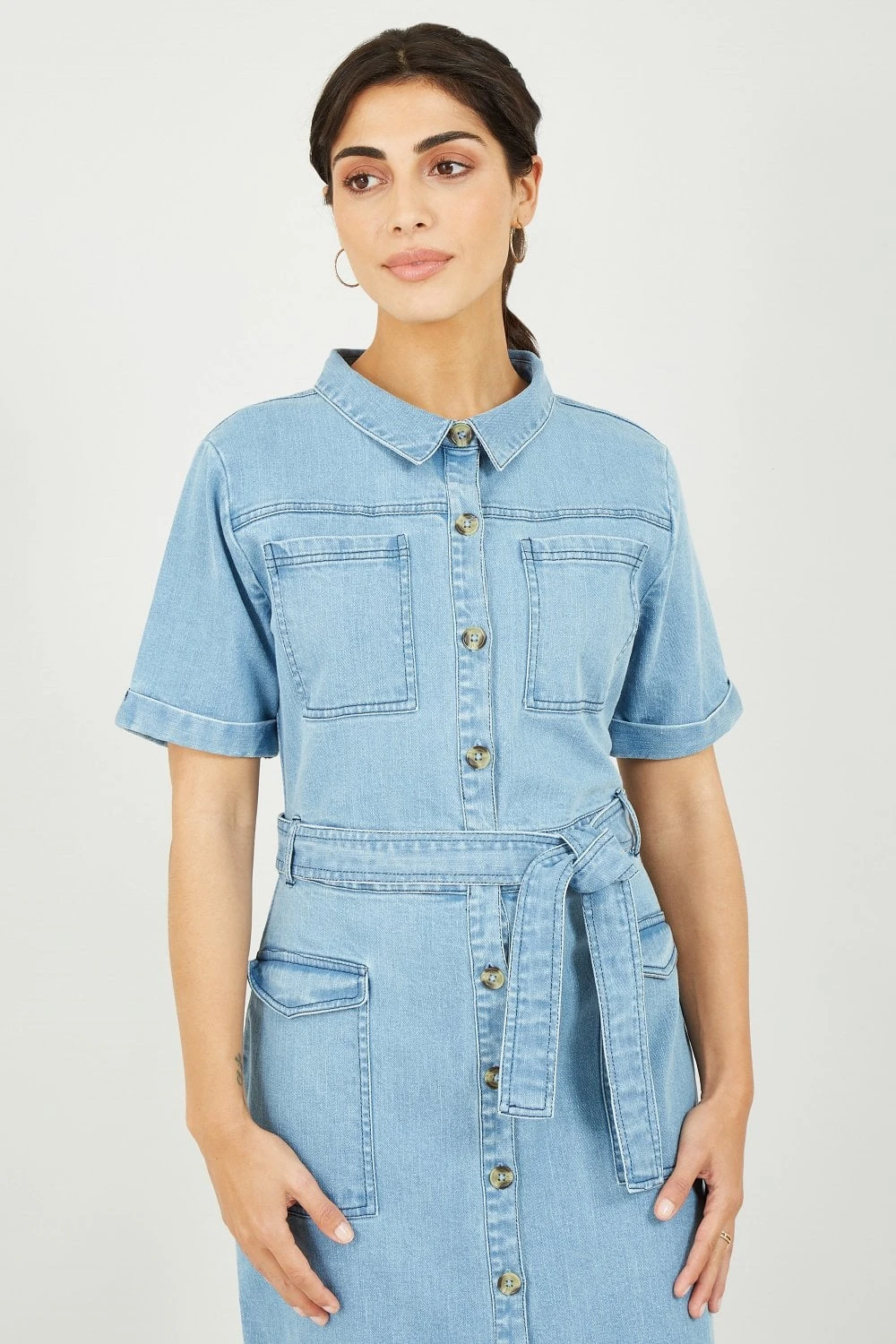 Yumi Blue Stretch Denim Utility Shirt Dress 2 Yumi Blue Stretch Denim Utility Shirt Dress - Image 2