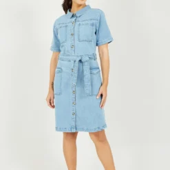 Yumi Blue Stretch Denim Utility Shirt Dress