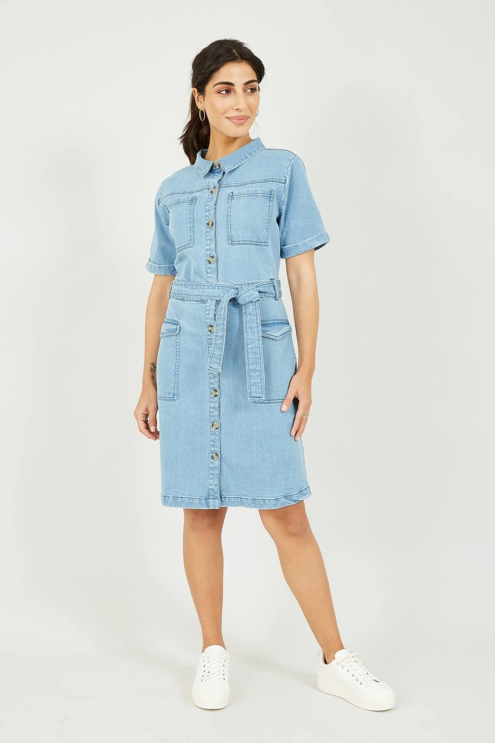 Yumi Blue Stretch Denim Utility Shirt Dress 1 Yumi Blue Stretch Denim Utility Shirt Dress