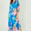 Yumi Blue Tropical Floral Midi Pleated Dress With Belt