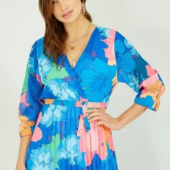 Yumi Blue Tropical Floral Midi Pleated Dress With Belt -Cheap My Dreamy Dress Store yumi blue tropical floral midi pleated dress with belt p14164 122439 image