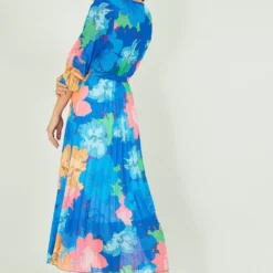 Yumi Blue Tropical Floral Midi Pleated Dress With Belt -Cheap My Dreamy Dress Store yumi blue tropical floral midi pleated dress with belt p14164 122440 image