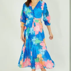 Yumi Blue Tropical Floral Midi Pleated Dress With Belt -Cheap My Dreamy Dress Store yumi blue tropical floral midi pleated dress with belt p14164 122441 image