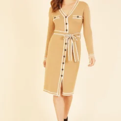 Yumi Camel Knitted Shirt Dress With Contrast Border