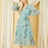 Yumi Green Botanical Bird Print Gypsy Dress