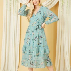 Yumi Green Botanical Bird Print Gypsy Dress