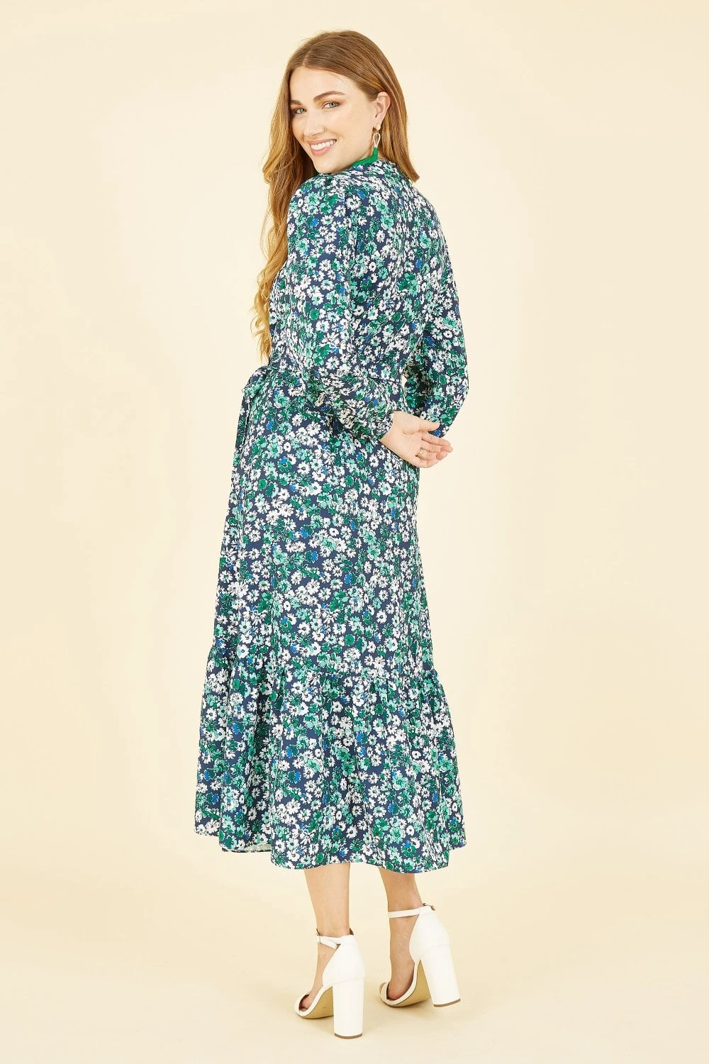 Yumi Green Daisy Print Wrap Midi Dress With Long Sleeves 4 Yumi Green Daisy Print Wrap Midi Dress With Long Sleeves - Image 4
