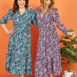 Yumi Green Daisy Print Wrap Midi Dress With Long Sleeves