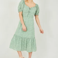 Yumi Green Ditsy Print Gypsy Midi Dress