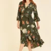Yumi Green Floral Dip Hem Midi Dress