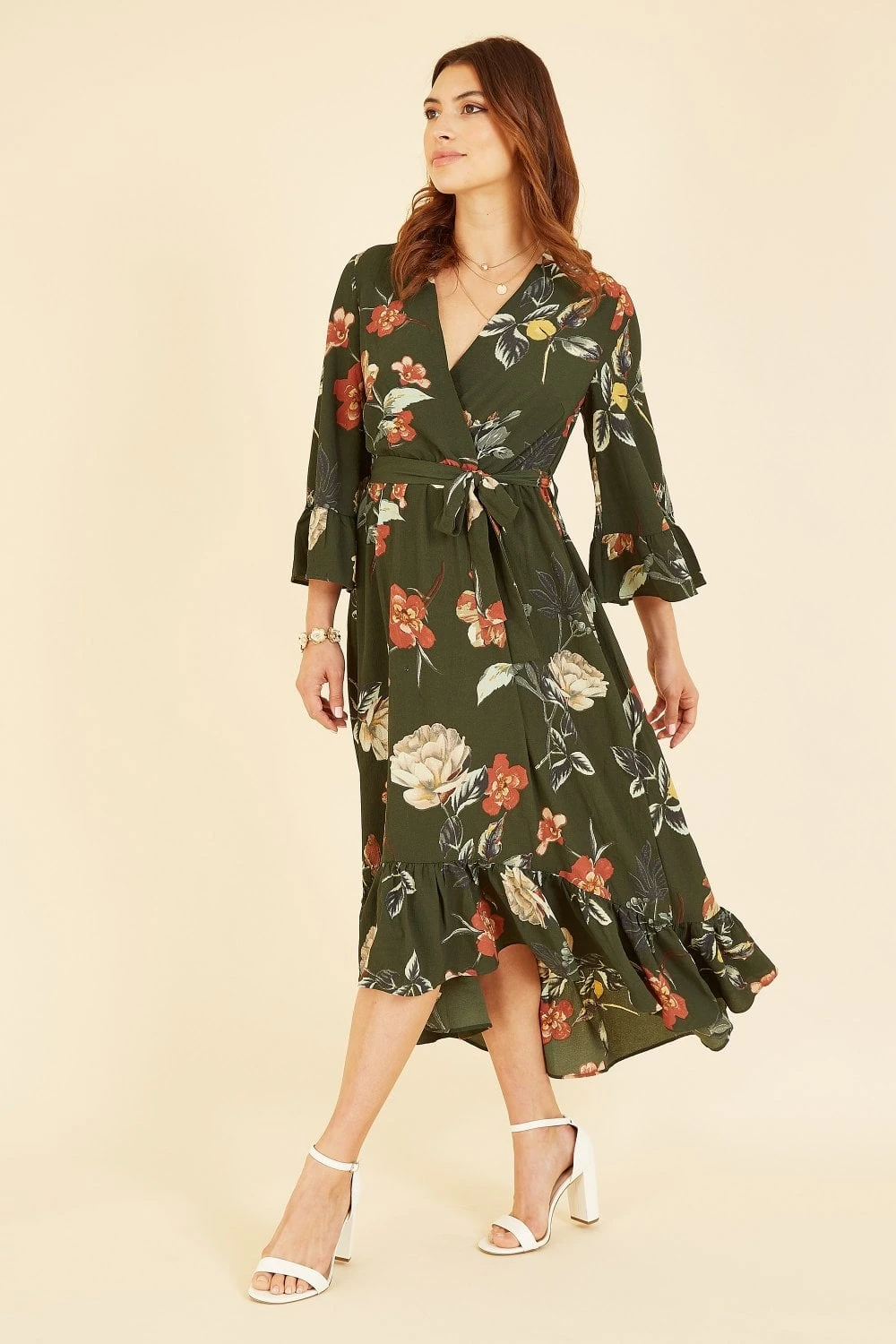 Yumi Green Floral Dip Hem Midi Dress 1 Yumi Green Floral Dip Hem Midi Dress