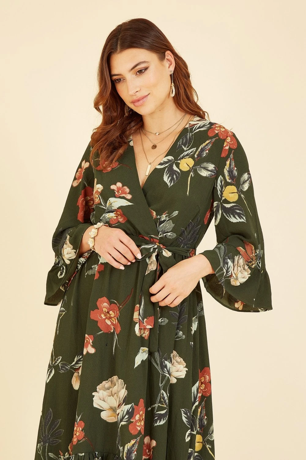 Yumi Green Floral Dip Hem Midi Dress 2 Yumi Green Floral Dip Hem Midi Dress - Image 2